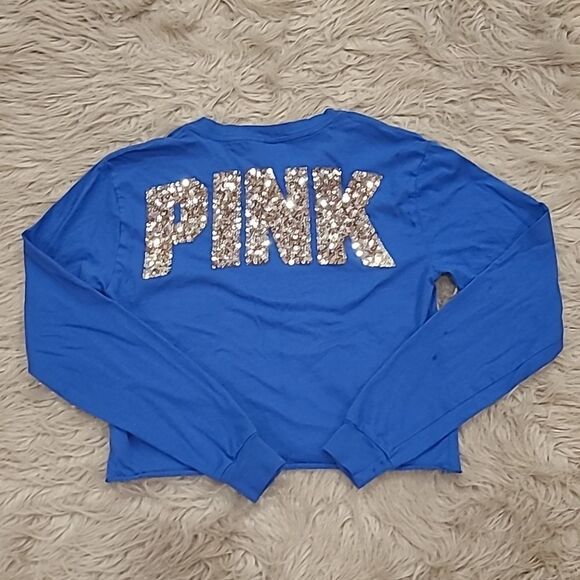 Pink by victoria secret blue‎ cropped long sleeve silver sequin logo shirt - Picture 5 of 5